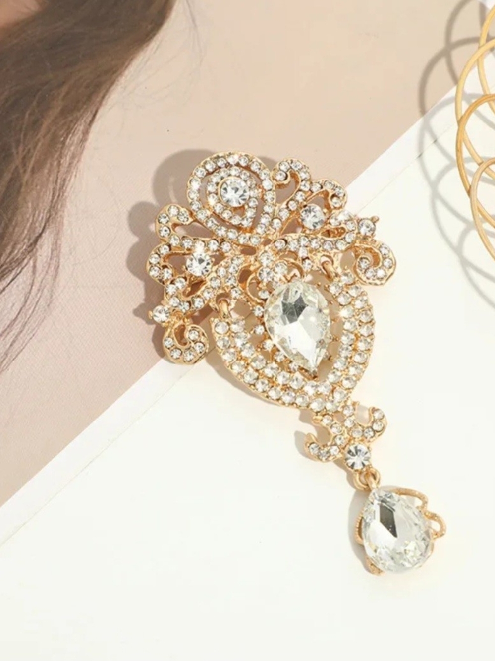 Elegant Gold Crystal Drop Brooch - Women Jewelry